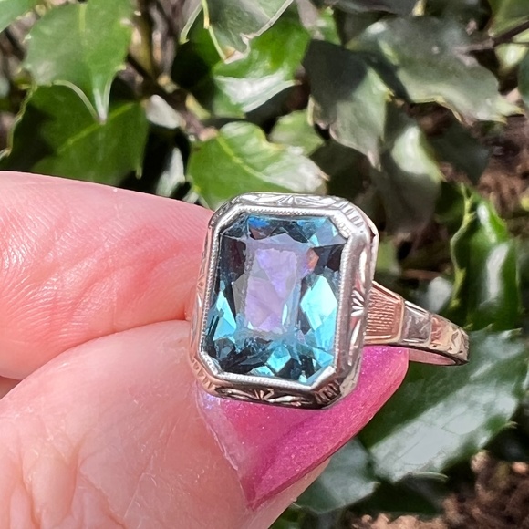 ANTIQUE ART DECO 10K WHITE ROSE GOLD TEAL BLUE GREEN SPINEL RING